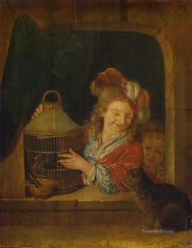 猫 Painting - 檻と猫を持つ子供たち